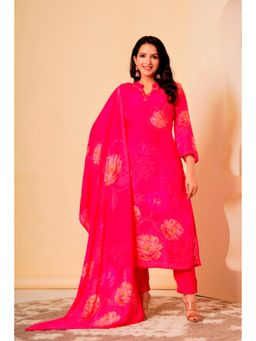 Gahan - Pink Silk Straight Floral Kurta with Pant & Dupatta