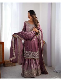 Gahan - Womens Lavender Chinon Silk Embroidery Work Kurta with Sharara & Dupatta