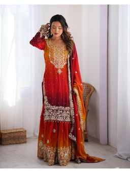 Gahan - Womens Red Chinon Silk Embroidery Work Kurta with Sharara & Dupatta