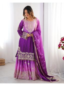 Gahan - Womens Purple Chinon Silk Embroidery Work Kurta with Sharara & Dupatta