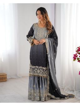 Gahan - Womens Charcoal Chinon Silk Embroidery Work Kurta with Sharara & Dupatta