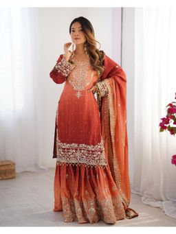 Gahan - Womens Orange Chinon Silk Embroidery Work Kurta with Sharara & Dupatta