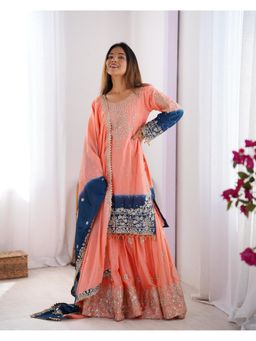 Gahan - Womens Peach Chinon Silk Embroidery Work Kurta with Sharara & Dupatta