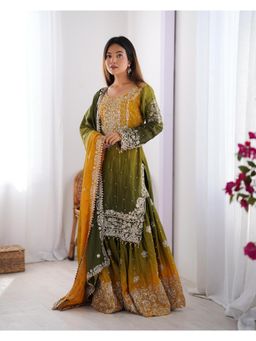 Gahan - Womens Green Chinon Silk Embroidery Work Kurta with Sharara & Dupatta
