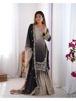 Gahan - Womens Black Chinon Silk Embroidery Work Kurta with Sharara & Dupatta