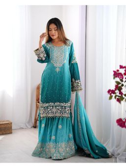 Gahan - Womens Blue Chinon Silk Embroidery Work Kurta with Sharara & Dupatta