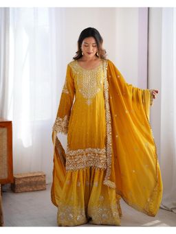 Gahan - Womens Mustard Chinon Silk Embroidery Work Kurta with Sharara & Dupatta