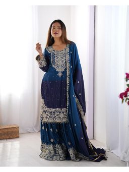 Gahan - Womens Navy Blue Chinon Silk Embroidery Work Kurta with Sharara & Dupatta