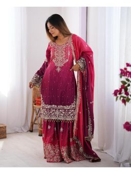 Gahan - Womens Purple Chinon Silk Embroidery Work Kurta with Sharara & Dupatta