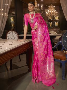 Akhilam - Womens Silk Blend Pink Woven Designer Saree with Unstitched Blouse