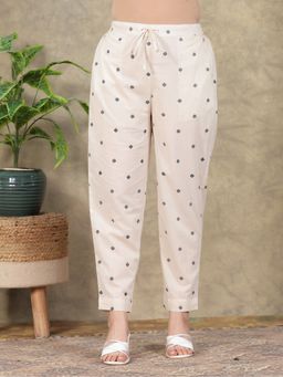 ARAMYA - Cream Soft Cotton Geometric Printed Pant