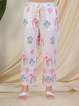 ARAMYA - Off White Soft Cotton Geometric Palazzo