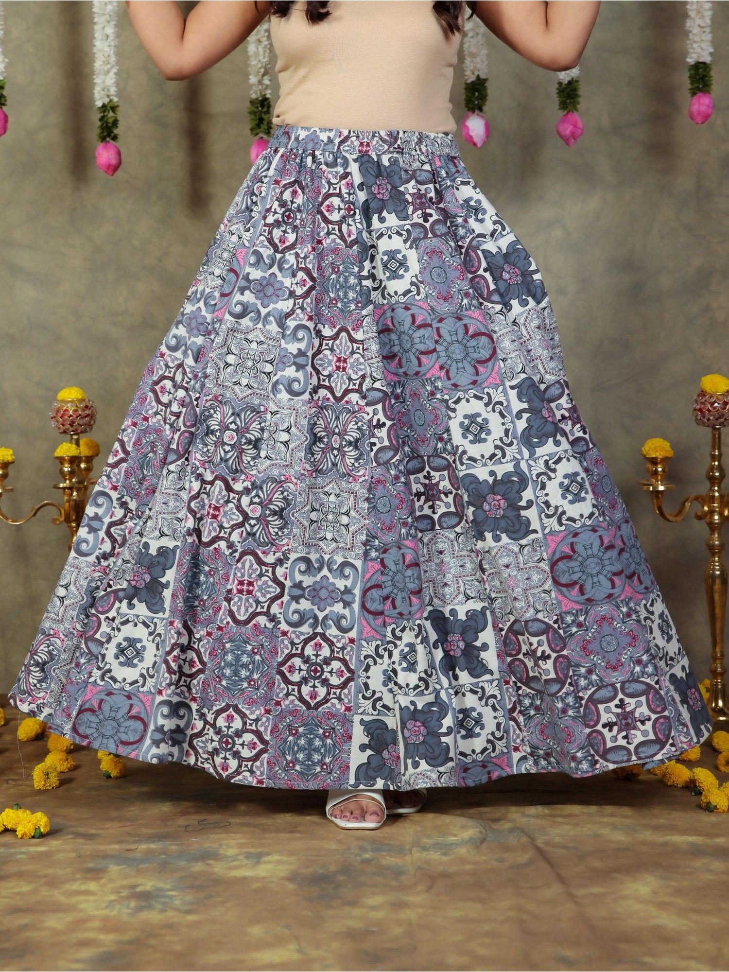 aramya Multi Color Linen Cotton Geometric Printed Skirt-picture-36