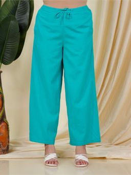 ARAMYA - Sea Green Linen Cotton Solid Palazzo