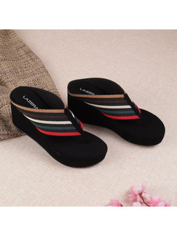 LAZERA SHOES - Women's Multi Stripe Wedge Black Heels