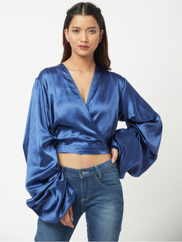 Attic Salt - Blue Solid Folksy Pearl Satin Top