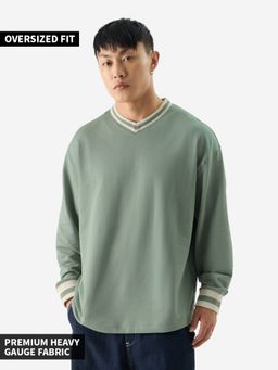 The Souled Store - Original Solids Sage Green Men Oversized Full Sleeve T-Shirts
