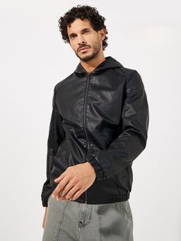 Styli - Men Faux Leather Hooded Zip Up Biker Jacket