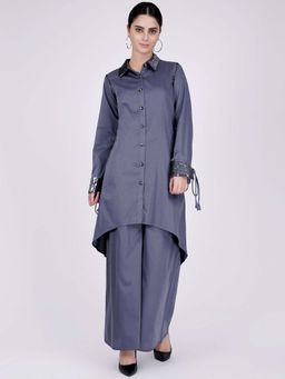 First Resort by Ramola Bachchan - Grey Sequined Shirt Dress And Wide Leg Pants (Set of 2)