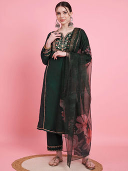 Vbuyz - Womens Green Floral Embroidered Kurta with Pant and Dupatta (Set of 3)