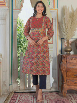 Vbuyz - Womens Red Kalamkari Print Straight Cotton Kurta