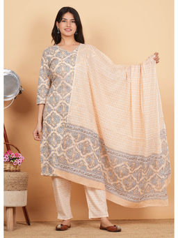 Vbuyz - Womens Beige Floral Print Angarkha Kurta with Pant and Dupatta (Set of 3)