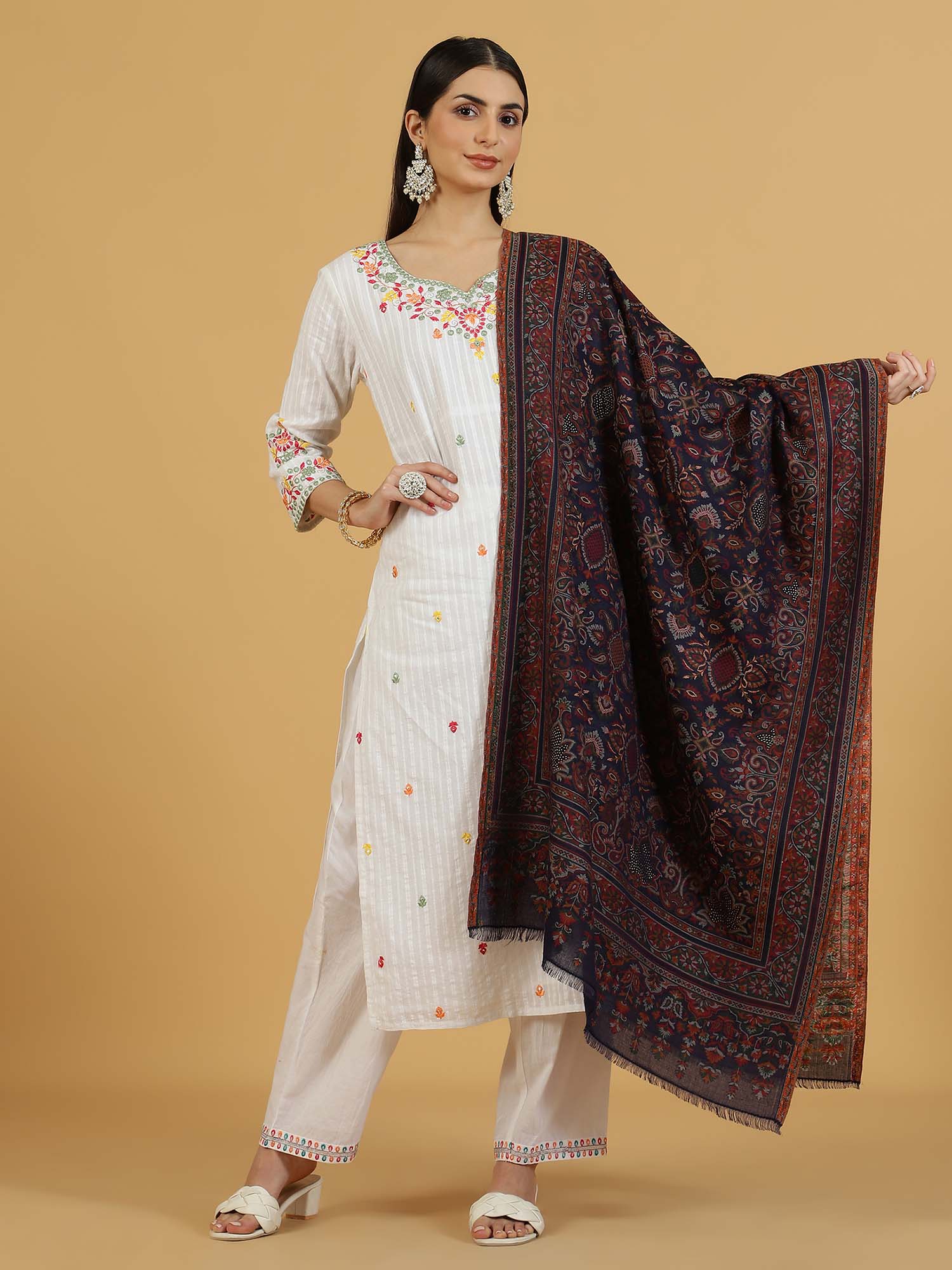 la vastraa Navy Blue Embellished Woven Stole-picture-12