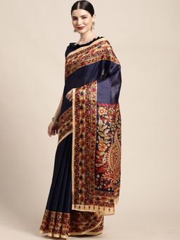 Akhilam - Womens Art Silk Navy Blue Printed Designer Saree with Unstitched Blouse