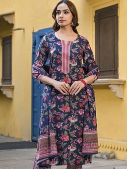 Vaamsi - Women Navy Blue Rayon Blend Floral Printed Straight Kurta Pant & Dupatta (Set of 3)