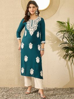 Vaamsi - Women Blue Viscose Rayon Embroidered Straight Kurta