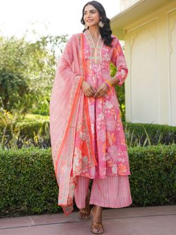 Vaamsi - Women Pink Floral Kurta with Palazzo and Dupatta (Set of 3)