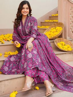 Vaamsi - Women Lavender Floral Anarkali Kurta with Palazzo and Dupatta (Set of 3)