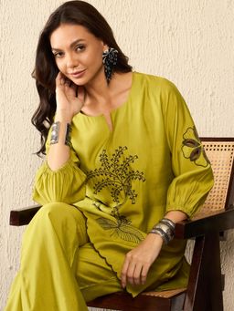 Vaamsi - Women Olive Silk Blend Embroidered Solid Co-Ord (Set of 2)