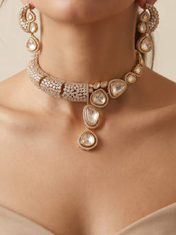 Shop Naymee - Gold Asymmetrical Uncut Polki and Pave Statement Necklace Set