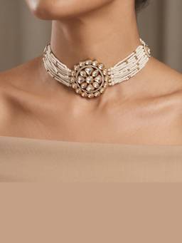 Shop Naymee - Gold Multi-Strand Pearl and Uncut Polki Choker Set