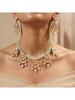 Shop Naymee - Green Beaded Uncut Polki Necklace Set