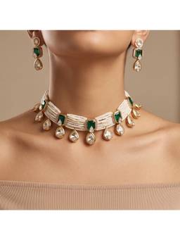Shop Naymee - Green Multi-Strand Pearl and Emerald Uncut Polki Choker Set