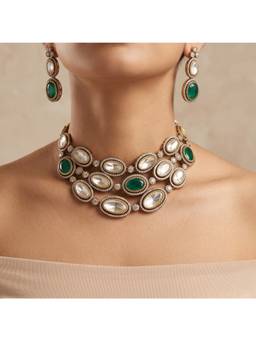 Shop Naymee - Green Emerald and Uncut Polki Multi-Tiered Statement Necklace Set