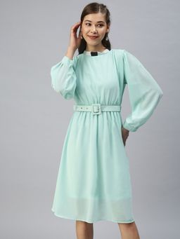 SHOWOFF - Women Solid Sea Green Fit and Flare Dress