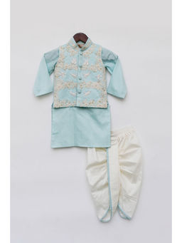 Fayon Kids - Off White Embroidery Jacket and Blue Kurta with Dhoti (Set of 3)