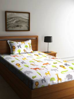 Chic Home - Kids 180 TC Cotton Single Bed Sheet with One Pillow Covers 2.3 x 1.5 x 0.05 M (Zoo)