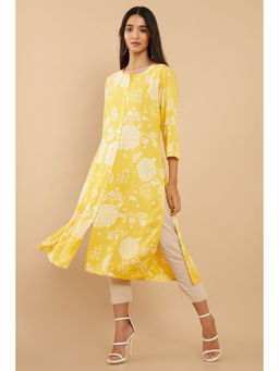 Soch - Yellow Rayon Screen Printing A-line Fit Kurta