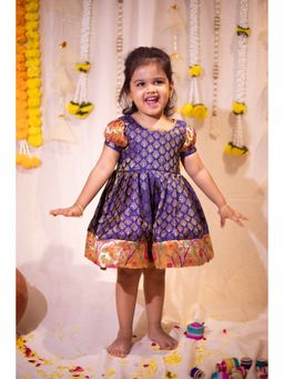 EKANTA - Smriti Navy Blue Brocade with Paithini Border Knee Length Dress