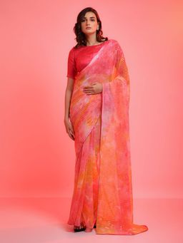 Odette - Red Orange Chiffon Sequins Embroidered Saree with Unstitched Blouse