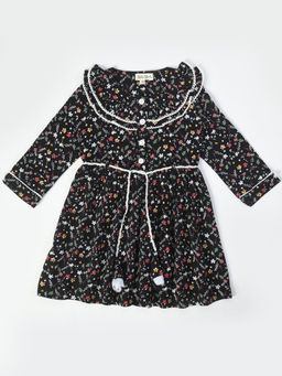 Bella Moda - Girls Fit & Flair Print Full Sleeve Casual Wear Dress with Belt (Set of 2)