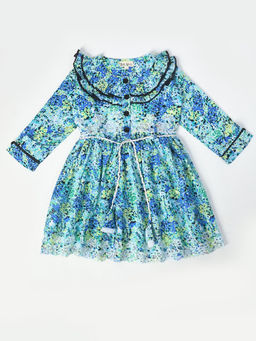 Bella Moda - Girls Fit & Flair Print Full Sleeve Casual Wear Dress with Belt (Set of 2)