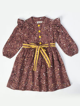 Bella Moda - Girls Fit & Flair Print Full Sleeve Casual Wear Dress with Belt (Set of 2)