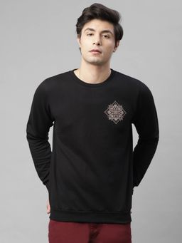 RIGO - Men Black Printed Patch On Back Fleece Round Neck Sweatshirt