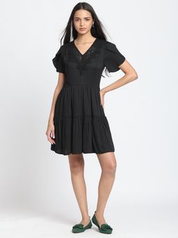 SHAYE - Women Black Viscose Solid Mini Dress