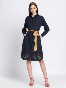 SHAYE - Women Navy Blue Polyester Embroidered Knee Length Dress